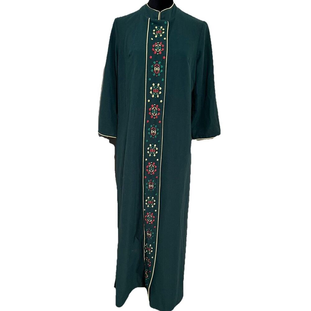 I. Appel Vintage 1970s Folk‎ Embroidered Robe House Coat Grandmacore Sz M Green